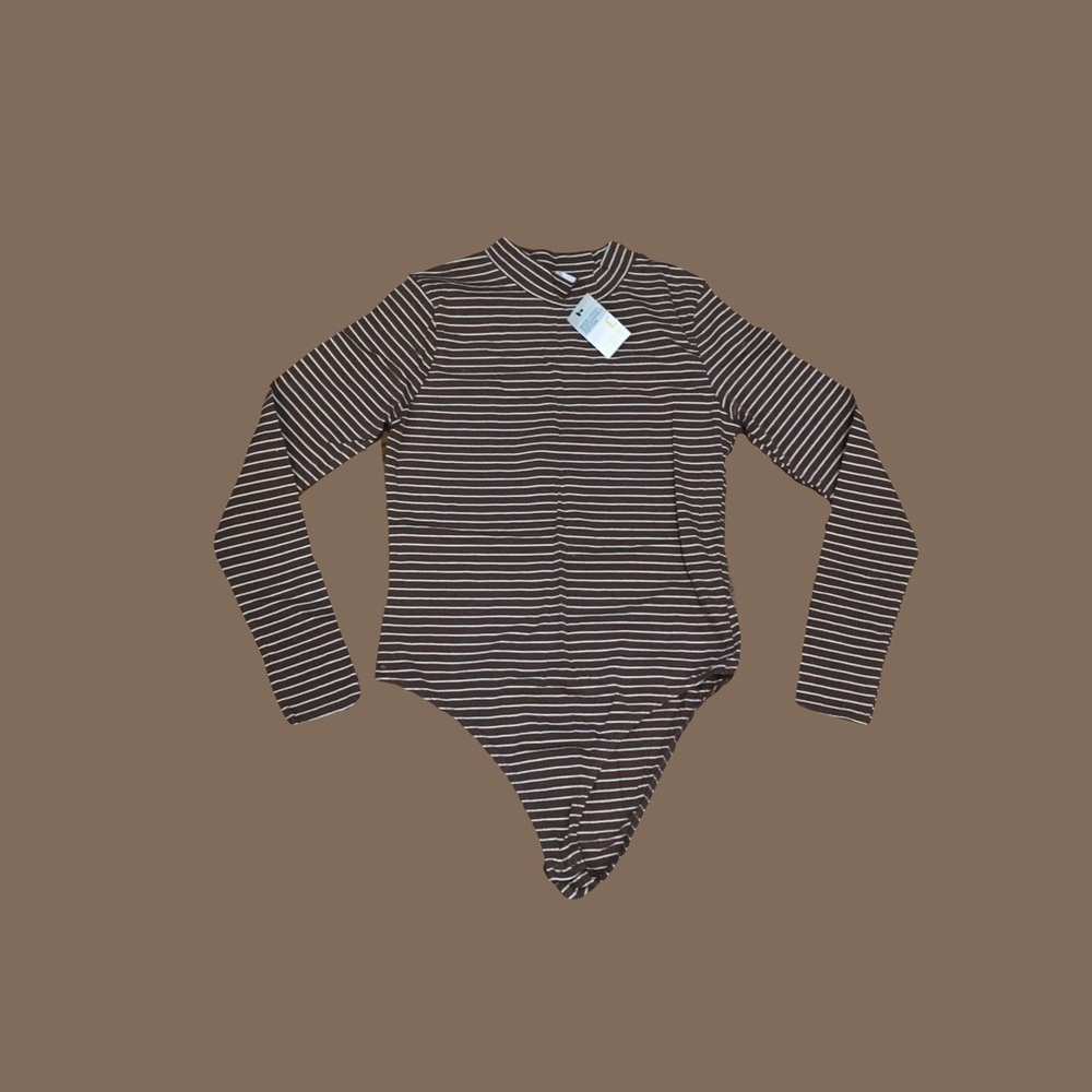 Primark LARGE Brown white striped turtle neck long sleeve bodysuit new stretchy